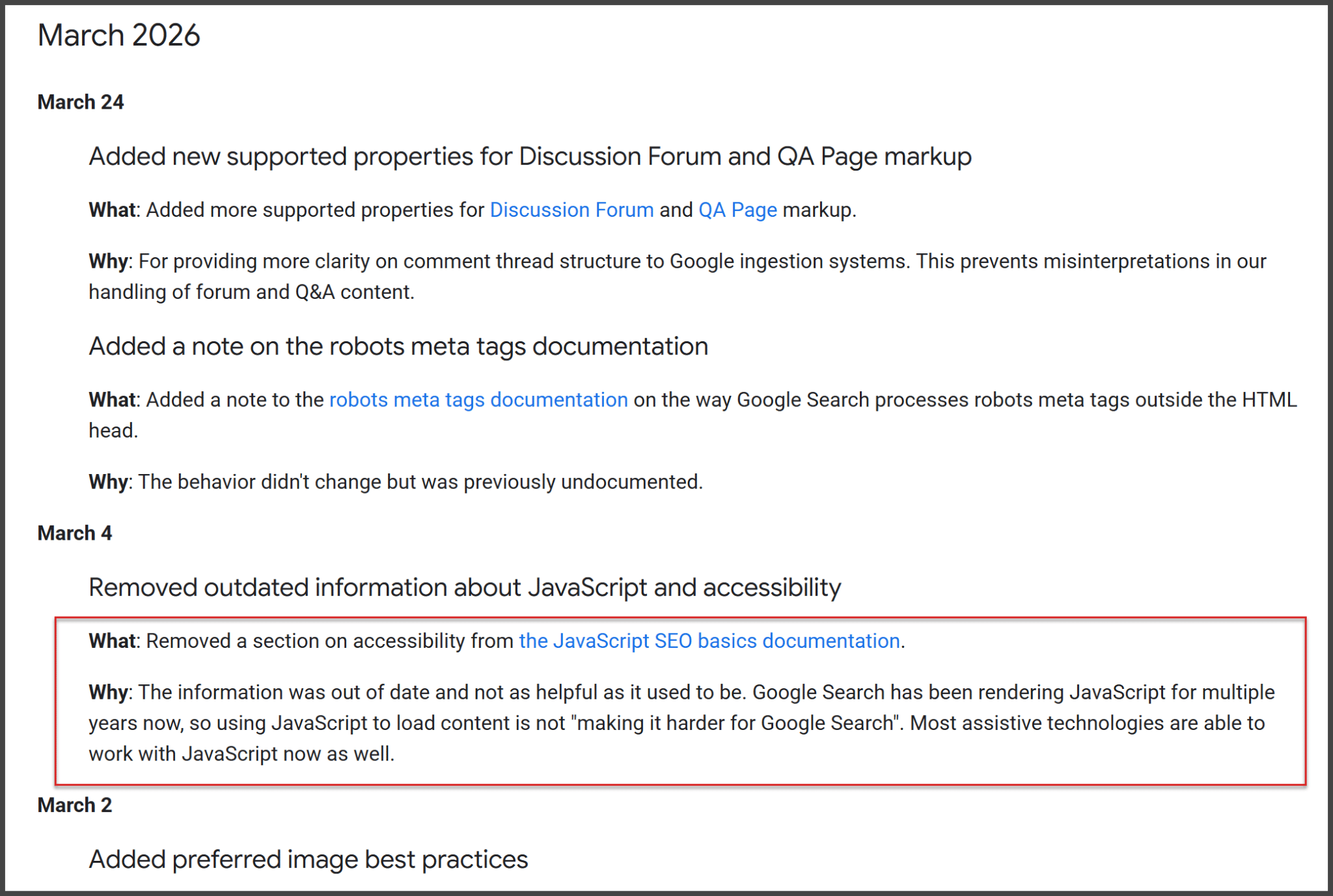 Google's update log for March 2026 listing changes in documentation for SEO, JavaScript, and more.