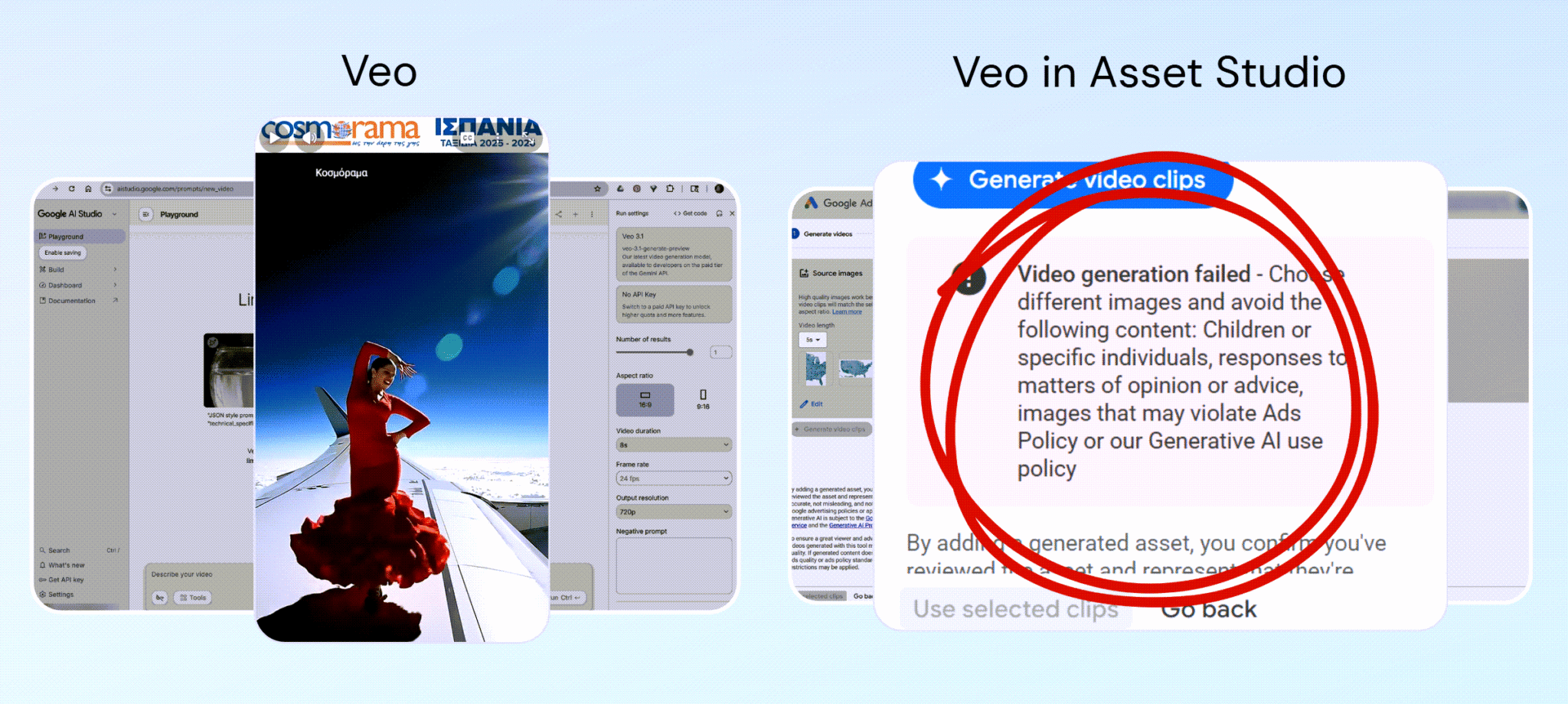 ```json
{
  "alt": "Two interfaces of a video editing platform, showing a video generation failure message.",
  "caption": "Exploring the capabilities of Veo and Veo in Asset Studio, where creativity meets technology. A video generation message highlights the intricacies of AI compliance.",
  "description": "This image showcases two user interfaces from a video editing platform, Veo and Veo in Asset Studio. The main focus is on a woman in a red dress standing on an airplane wing against a clear sky. Adjacent, a pop-up message explains video generation failures due to content issues, emphasizing restrictions on AI usage adhering to policies. The elements highlight technological features and compliance requirements within video editing tools."
}
```