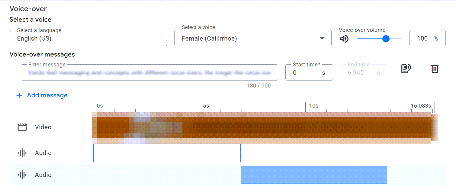 ```json
{
  "alt": "Screenshot of voice-over editing interface with timeline and audio settings.",
  "caption": "Dive into the world of voice-over editing with this user interface, showcasing options to select language, voice type, and adjust volume, alongside a detailed timeline.",
  "description": "This image displays a screenshot of a voice-over editing interface. It includes drop-down menus for selecting language and voice for the voice-over, such as 'English (US)' and 'Female (Callirrhoe)'. The interface also features a volume adjustment slider set at 100%. Below, a timeline is visible, showing video and audio tracks with time markers. Users can enter messages and set start and end times for audio. This tool is ideal for video creators needing precise audio customization. Keywords: voice-over, editing, audio, video, interface, timeline."
}
```