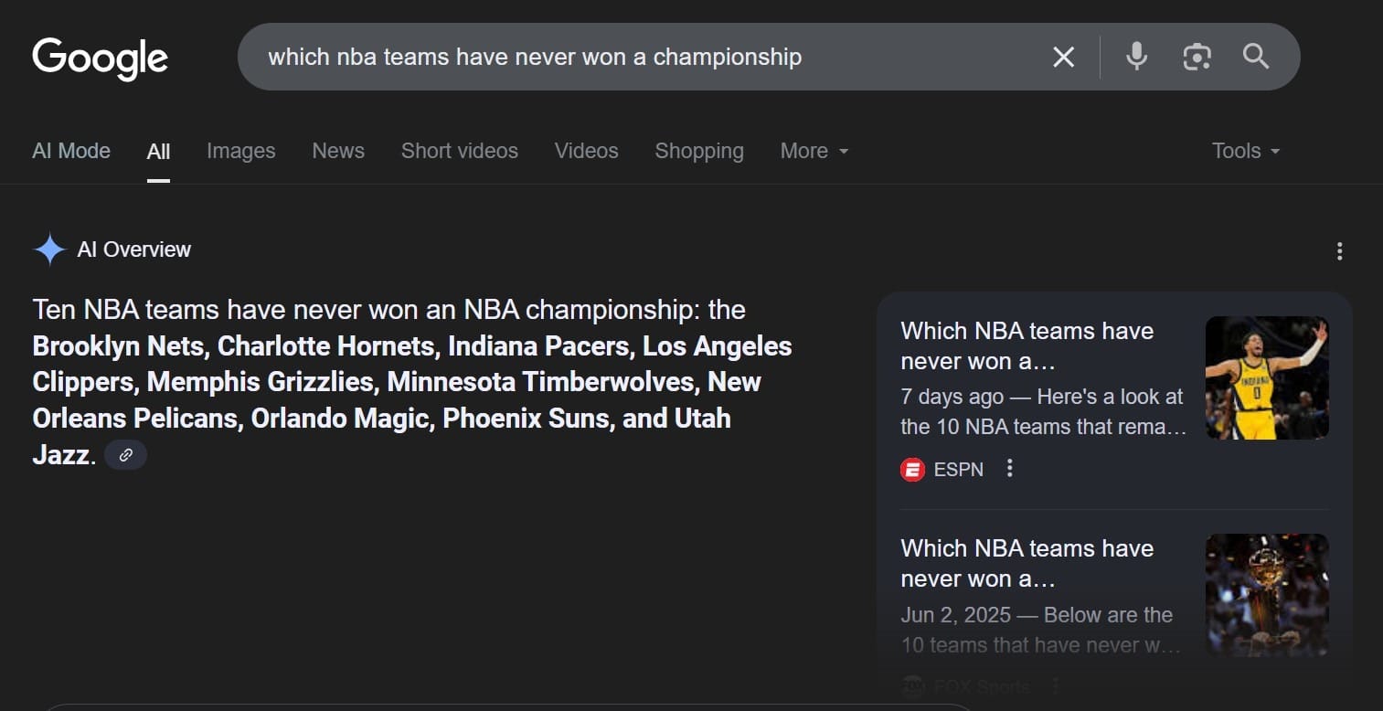```json
{
"alt": "Google search result listing NBA teams that have never won a championship, including Brooklyn Nets and others.",
"caption": "A peek into the NBA's elusive championship club! See which teams are still dreaming of their first trophy.",
"description": "This image shows a Google search result for 'which NBA teams have never won a championship,' listing teams such as the Brooklyn Nets, Charlotte Hornets, Indiana Pacers, Los Angeles Clippers, Memphis Grizzlies, Minnesota Timberwolves, New Orleans Pelicans, Orlando Magic, Phoenix Suns, and Utah Jazz. The results are displayed in a dark-themed interface, featuring quick summaries and related news articles, providing easy access to fans seeking information on elusive NBA championships."
}
```