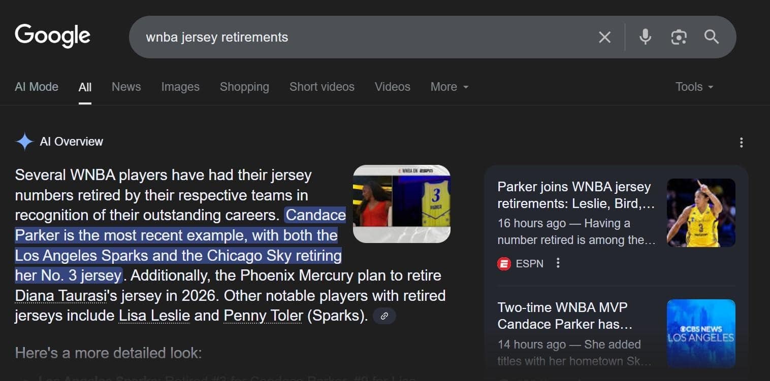 ```json
{
"alt": "Google search results for WNBA jersey retirements with highlighted text on Candace Parker.",
"caption": "Celebrating excellence, Candace Parker's jersey retirement highlights the legacy of WNBA stars in a heartfelt tribute.",
"description": "This image features Google search results for 'WNBA jersey retirements.' Highlighted text emphasizes Candace Parker's recent jersey retirement by the Los Angeles Sparks and Chicago Sky. The results also mention other WNBA players with retired jerseys, such as Lisa Leslie and Diana Taurasi, showcasing the recognition of their outstanding careers."
}
```
