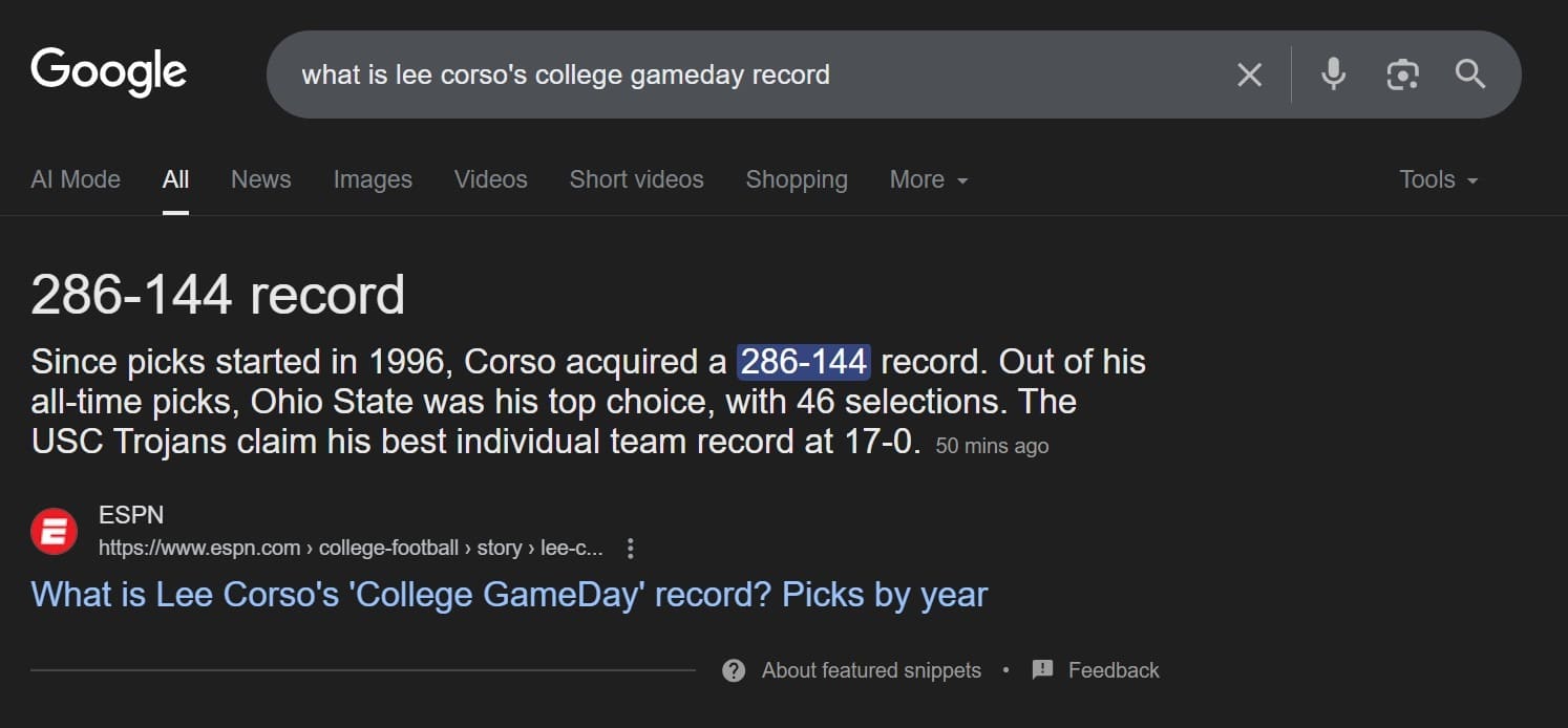 Google search results showing Lee Corso's College GameDay record at 286-144 and details about his top picks.