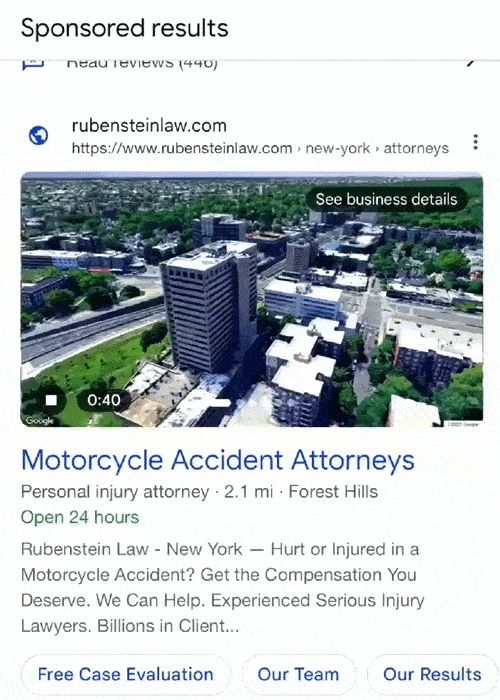 ```json
{
"alt": "Google search result for Rubenstein Law, showing a drone view of urban buildings, promoting Motorcycle Accident Attorneys.",
"caption": "Discover trusted Motorcycle Accident Attorneys at Rubenstein Law. Enjoy a 24-hour service and comprehensive legal support in Forest Hills. Your compensation is their priority.",
"description": "This is a Google search result for Rubenstein Law, showcasing a promotional video still of an urban landscape captured from a drone, highlighting their services as Motorcycle Accident Attorneys. Located 2.1 miles from Forest Hills and open 24 hours, they emphasize assistance in personal injury claims, especially motorcycle accidents. Engage with experienced attorneys for a free case evaluation to get the compensation you deserve. Keywords include Rubenstein Law, motorcycle accident, personal injury attorney, and Forest Hills."
}
```