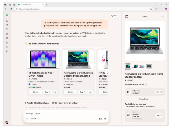 ```json
{
  "alt": "Online shopping page for laptops featuring product specifications and pricing options.",
  "caption": "Explore top laptop picks for your needs with quick pricing and spec comparisons for budget-friendly choices.",
  "description": "This image depicts an online shopping interface displaying various laptop models for consumers. It includes detailed specifications, prices, and options to purchase directly. The page highlights 'Top Picks That Fit Your Needs' with options such as the 13-Inch Macbook Neo and Acer Aspire Go 15 Business Laptop. Users can compare specs, see ratings, and make direct purchases from retailers like Best Buy. The interface aims to aid consumers in selecting lightweight, budget-friendly laptops quickly."
}
```