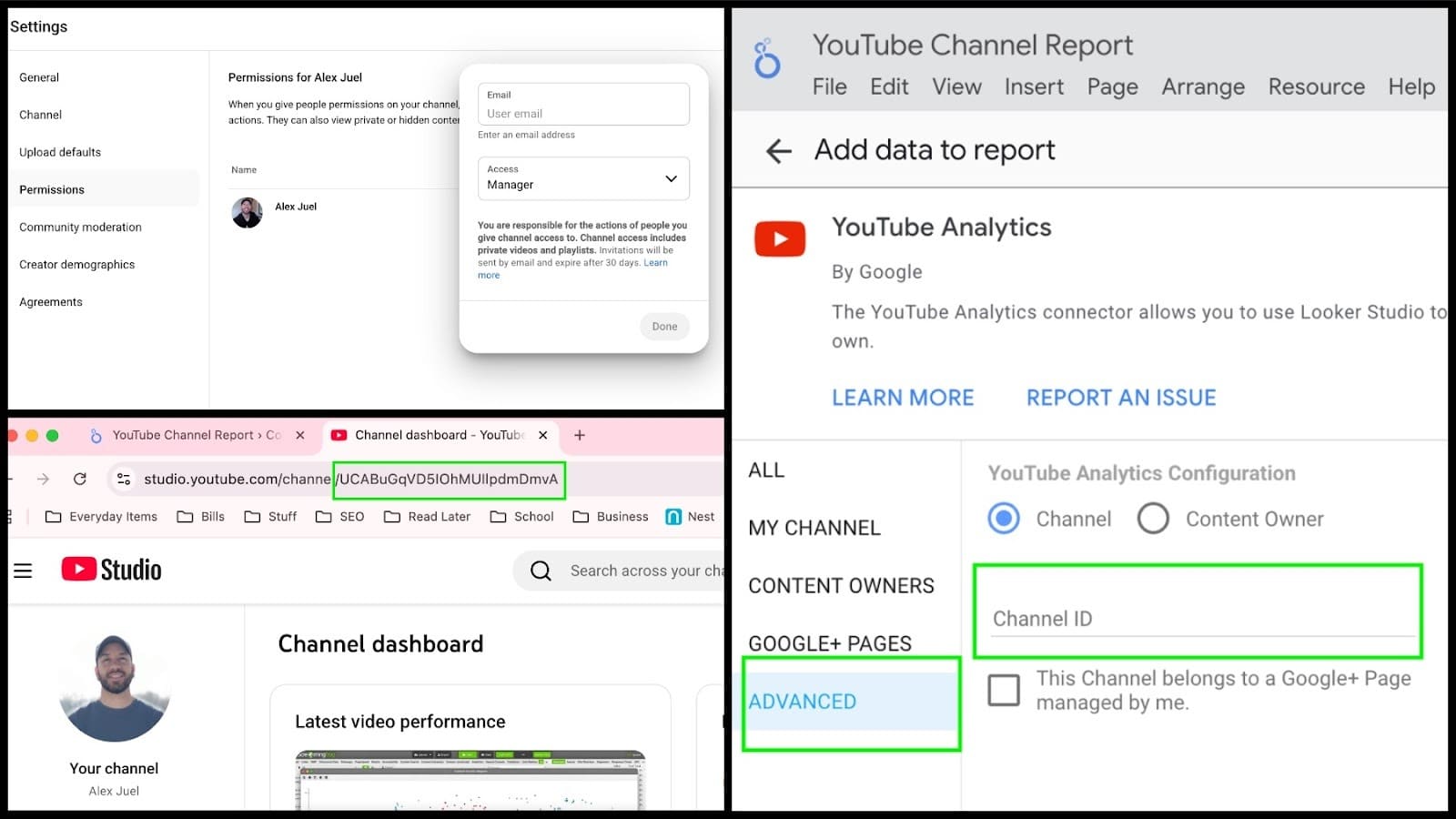 ```json
{
  "alt": "Screenshots illustrating YouTube Channel Report and permission settings.",
  "caption": "Dive into YouTube's analytics with ease! These screenshots highlight the process of adding data reports and managing channel permissions effectively.",
  "description": "This image showcases two separate screenshots related to YouTube channel management. The left section displays permissions settings, showing options to manage user access and roles for a specific channel. The right section demonstrates adding data to YouTube Channel Report, including options for configuring YouTube Analytics. The image is useful for understanding how to navigate YouTube's analytics interface and manage channel permissions efficiently."
}
```