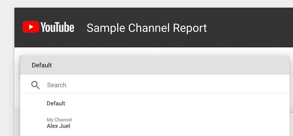 ```json
{
  "alt": "YouTube Sample Channel Report interface displaying a dropdown menu with channel options.",
  "caption": "Exploring YouTube's Sample Channel Report, featuring a dropdown menu to select different channels.",
  "description": "The image showcases a YouTube interface titled 'Sample Channel Report'. Below the title, a dropdown menu is visible with channel options such as 'Default', 'My Channel', and a name. The interface appears to be part of a report generation or channel management tool, enabling users to choose between various YouTube channels for analytics or reporting purposes."
}
```