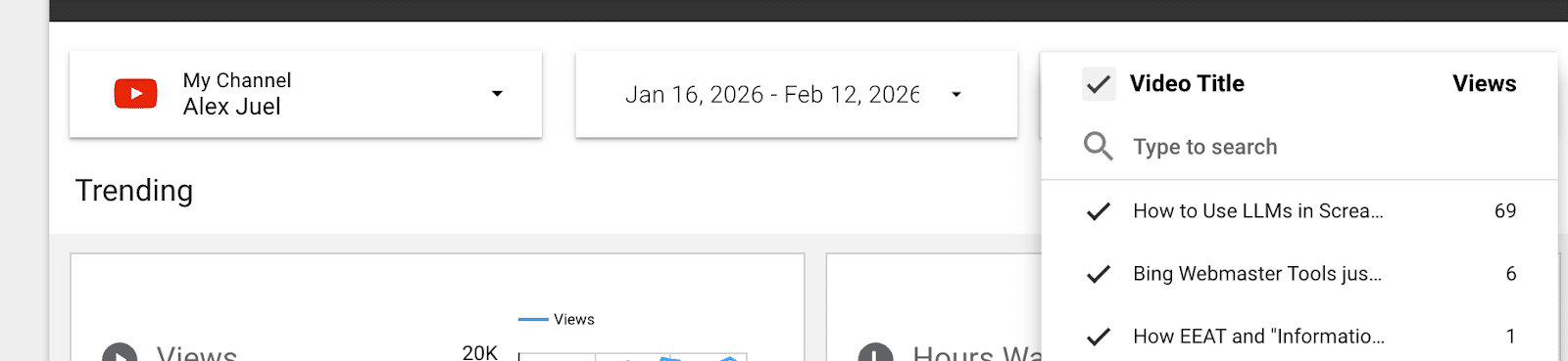 ```json
{
  "alt": "YouTube channel analytics showing trending video titles and views.",
  "caption": "Delve into your YouTube channel analytics to explore trending videos and view counts for effective content planning.",
  "description": "The image displays a YouTube channel analytics dashboard. It shows 'My Channel' with a date range of Jan 16, 2026, to Feb 12, 2026. A section titled 'Trending' lists video titles like 'How to Use LLMs in Scream,' along with their respective view counts. The interactive elements such as search and sorting options indicate a detailed overview of video performance. Keywords: YouTube, channel analytics, trending videos, video performance, views."
}
```