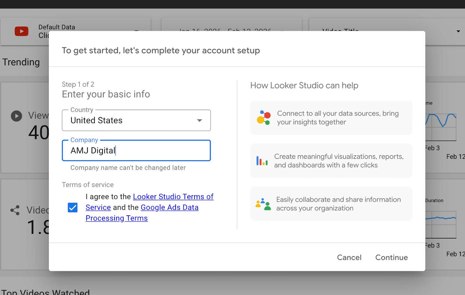 ```json
{
  "alt": "Screenshot of Looker Studio account setup prompt with fields for country and company information.",
  "caption": "Kickstart your Looker Studio experience by setting up your basic account details, from country selection to company input.",
  "description": "This image depicts a Looker Studio account setup screen. Users are prompted to select their country and enter company information in the available fields. The right side of the screen lists features like data connection and visualization creation. A checkbox for agreeing to terms is visible, alongside 'Cancel' and 'Continue' buttons. This setup interface guides users through the initial steps of integrating their data sources with Looker Studio."
}
```