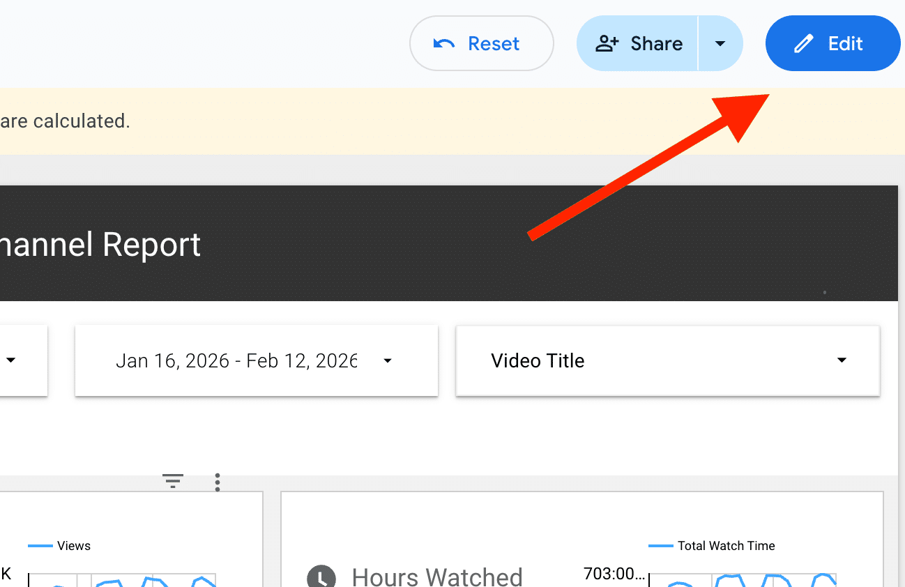```json
{
  "alt": "Screenshot of an analytics dashboard with a red arrow pointing to the edit button at the top right.",
  "caption": "Navigating your analytics dashboard made easy—click the 'Edit' button to customize your report view quickly!",
  "description": "This image is a screenshot of an analytics dashboard showing a user interface for managing reports. It features selectable date ranges and video titles. A prominent red arrow points to an 'Edit' button in the upper right corner, indicating where users can click to modify their report settings. The dashboard includes graphics such as charts depicting views and total watch time, making it a comprehensive tool for data analysis."
}
```