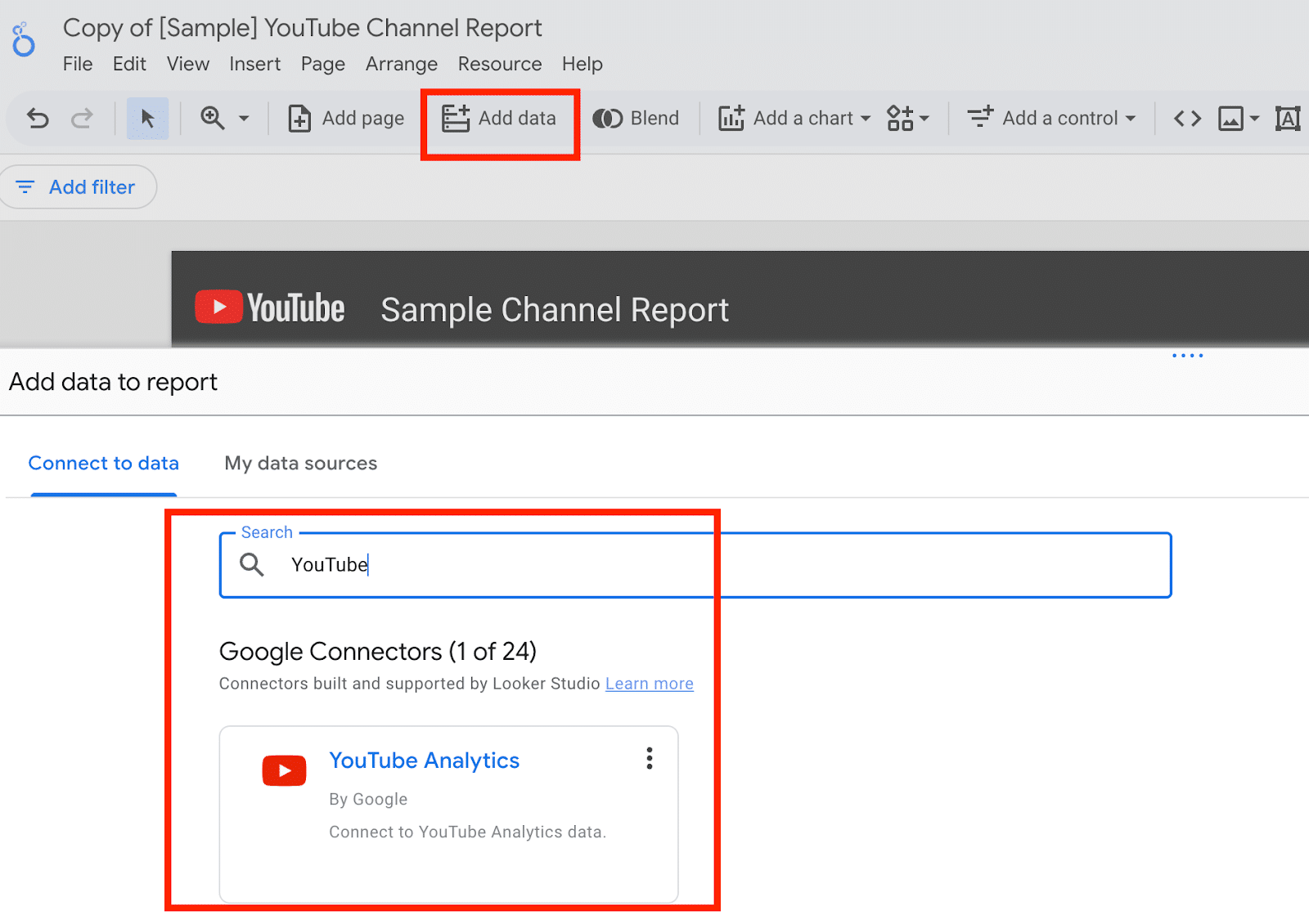 ```json
{
  "alt": "YouTube Channel Report setup screen in Google Looker Studio showing data connection options.",
  "caption": "Setting up your YouTube Channel Report in Looker Studio? Easily connect your YouTube Analytics for insightful data visualization.",
  "description": "The image shows a Google Looker Studio interface for setting up a YouTube Channel Report. The screen displays options to add data, specifically focusing on connecting to YouTube Analytics through Google Connectors. The top shows navigation menus, while the highlighted section demonstrates the process of searching and selecting the YouTube data source. This setup allows users to analyze and visualize YouTube data within their reports."
}
```