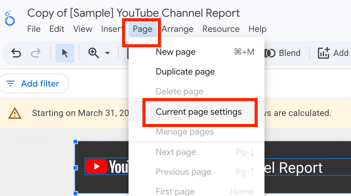 ```json
{
  "alt": "Menu options in a [Sample] YouTube Channel Report interface, highlighting 'Current page settings'.",
  "caption": "Navigating through a [Sample] YouTube Channel Report, the 'Page' menu option is highlighted, focusing on 'Current page settings'.",
  "description": "This image shows a dropdown menu within a [Sample] YouTube Channel Report interface. The 'Page' menu is opened, highlighting 'Current page settings' in red, indicating it as a selected option. Options like 'New page', 'Duplicate page', and others are visible. The interface appears to be part of a reporting tool for YouTube channels, used for managing and customizing report pages."
}
```
