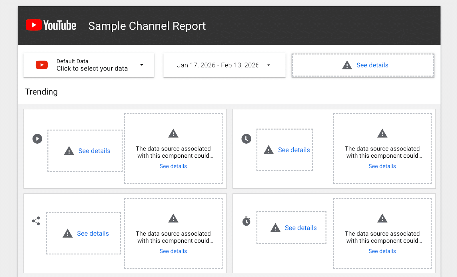 ```json
{
  "alt": "YouTube Sample Channel Report interface showing data source issues in the trending section.",
  "caption": "Explore the YouTube Sample Channel Report interface, highlighting data source issues requiring attention.",
  "description": "This image shows the YouTube Sample Channel Report interface with sample data selections. The interface highlights issues with data sources in the trending section, indicated by warning icons and 'See details' prompts. This visualization is useful for identifying and resolving data-related problems in channel analytics. Keywords: YouTube, Sample Channel Report, data source issues, analytics interface."
}
```