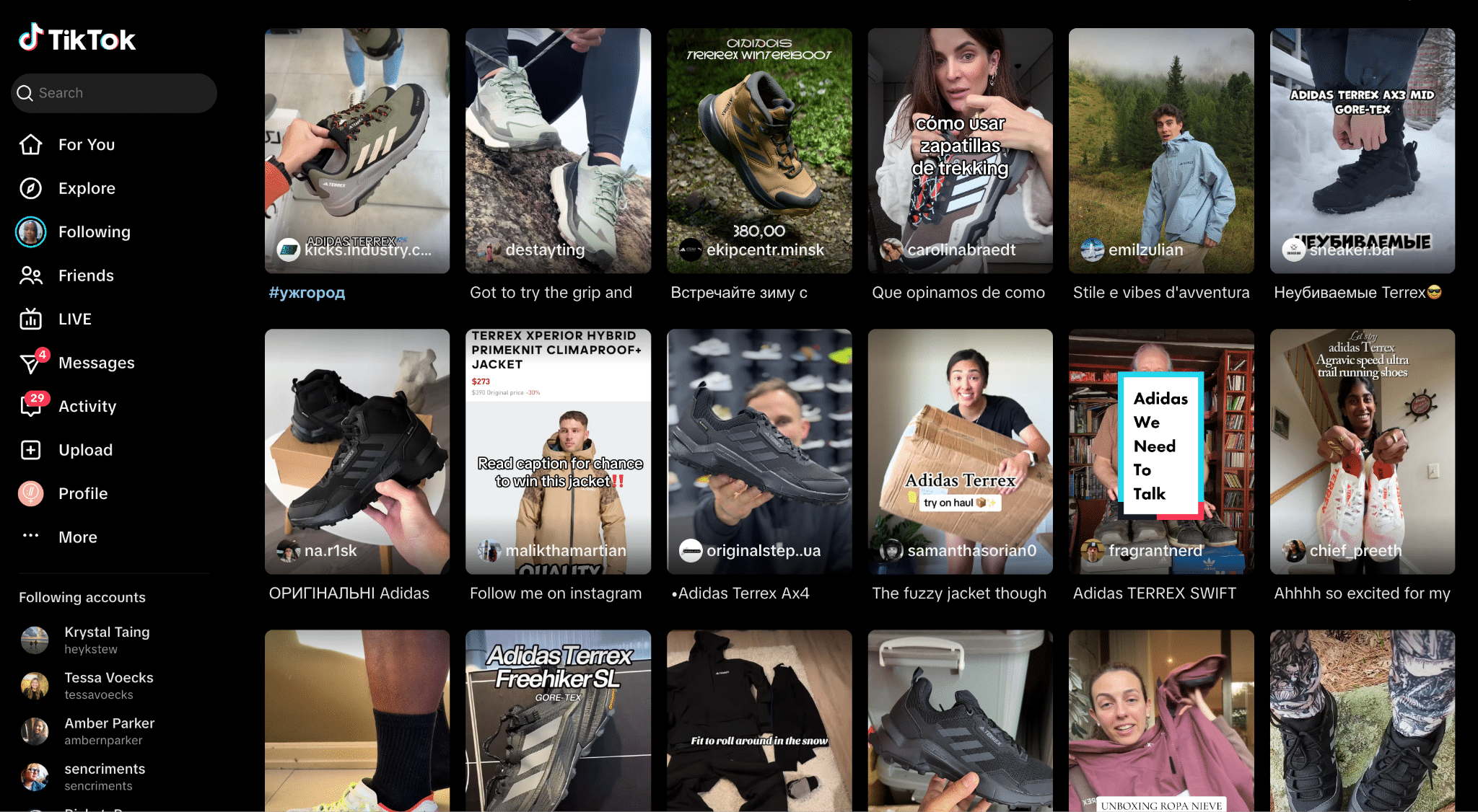 ```json
{
  "alt": "TikTok page showing various sneaker and outdoor gear posts.",
  "caption": "Explore the trendiest sneaker styles and outdoor gear on this TikTok feed. Discover Adidas Terrex and more from diverse creators.",
  "description": "This image displays a TikTok web interface featuring multiple posts related to sneakers and outdoor gear. Prominent brands like Adidas Terrex are highlighted in user-generated content. Various creators showcase shoes, jackets, and fashion tips, reflecting a blend of casual and sporty styles. The grid layout allows viewers to quickly browse and engage with the latest fashion and adventure trends, providing insights and recommendations for enthusiasts."
}
```