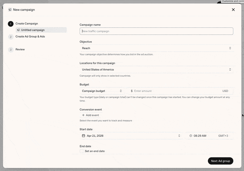 ```json
{
  "alt": "Screenshot of a digital marketing platform's campaign setup wizard, showing steps to create a new traffic campaign.",
  "caption": "Setting up your digital marketing strategy? Start with a new traffic campaign using this intuitive campaign creation wizard.",
  "description": "This image shows a screenshot of a digital marketing platform's interface for creating a new traffic campaign. The setup wizard guides users through steps like naming the campaign, selecting an objective, choosing a location, setting a budget, and scheduling start and end dates. The interface is clean and user-friendly, designed to streamline the campaign creation process. Keywords: digital marketing, campaign setup, traffic campaign, marketing strategy."
}
```