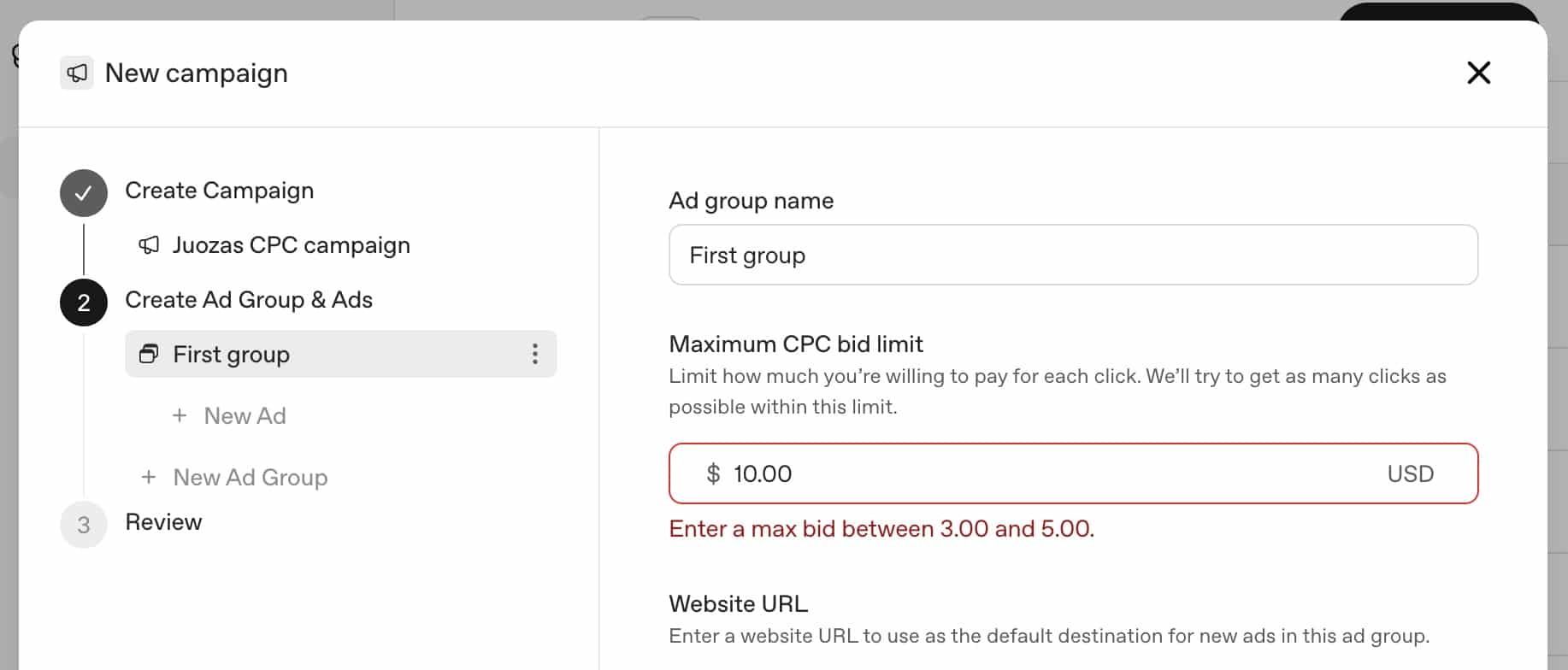 ```json
{
  "alt": "Interface for creating a new advertising campaign with CPC bid settings.",
  "caption": "Navigating ad creation: Setting up your new campaign with the right CPC bid limits.",
  "description": "This image displays the interface for creating a new campaign on an advertising platform. It includes sections for naming the ad group, setting a maximum CPC bid limit, and entering a website URL. The current bid limit is set at $10, but a warning advises a bid between $3 and $5. This setup phase is crucial in optimizing ad performance and budget allocation."
}
```