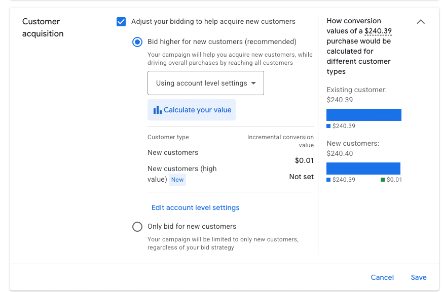 ```json
{
  "alt": "Settings page for adjusting bidding to acquire new customers with options and conversion values for customer types.",
  "caption": "Optimize your bidding strategy by focusing on acquiring new customers and see how conversion values vary for different types.",
  "description": "The image displays a settings interface for adjusting online advertising bid strategies to acquire new customers. It includes options to bid higher for new customers or only bid for new customers, with a section to calculate values using account settings. On the right, there's a comparison of conversion values for existing and new customers, showing how a purchase value of $240.39 differs slightly for each type. Useful for digital marketers aiming to optimize customer acquisition through targeted bidding strategies."
}
```