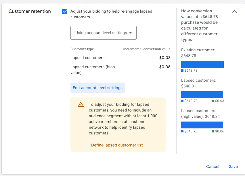 ```json
{
  "alt": "Customer retention settings with conversion value for lapsed customers highlighted.",
  "caption": "Optimize your bids: Engage lapsed customers effectively with tailored conversion values.",
  "description": "This image shows a customer retention panel within a marketing platform, illustrating settings for adjusting bids to re-engage lapsed customers. Incremental conversion values are listed alongside customer types. A warning box advises including an audience segment for identifying lapsed customers. On the right, a comparison of conversion values for different customer types based on a $648.78 purchase is shown. Keywords: customer retention, conversion value, marketing platform."
}
```