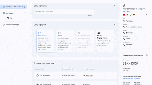 ```json
{
  "alt": "Digital marketing campaign setup interface showing components like campaign name, goals, and performance metrics.",
  "caption": "Navigate your digital marketing with ease using a comprehensive campaign setup interface. Track goals, performance metrics, and more for optimized results.",
  "description": "This image displays a digital marketing platform's campaign setup interface. It includes sections for inputting campaign name, selecting campaign goals like conversions and clicks, and monitoring performance metrics such as estimated impressions and conversions. The interface is designed for optimizing marketing strategies with clear visualizations and detailed breakdowns. Keywords: digital marketing, campaign setup, performance metrics, marketing strategy."
}
```