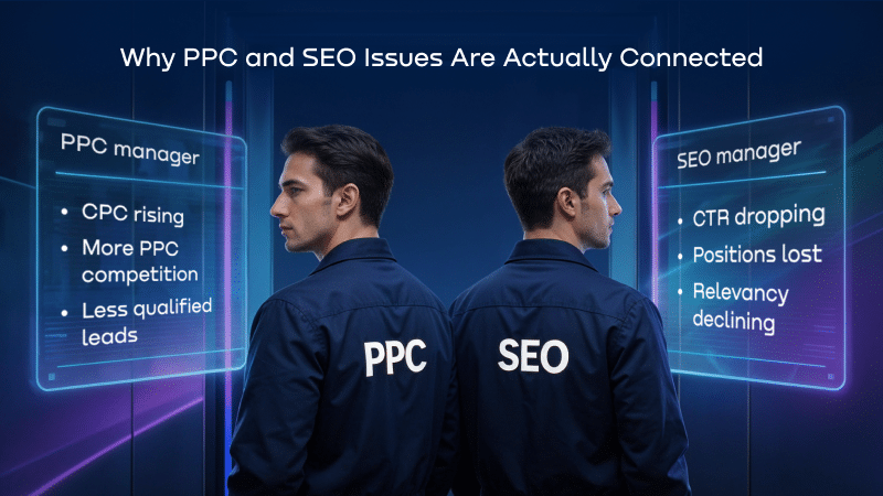 ```json
{
  "alt": "Two men back to back wearing jackets labeled PPC and SEO, with digital screens listing issues related to PPC and SEO management.",
  "caption": "Exploring the Hidden Link: Discover why PPC and SEO challenges are interconnected as two managers face digital dilemmas side by side.",
  "description": "The image shows two men standing back to back, each wearing a jacket labeled either PPC or SEO, indicating their roles. They are surrounded by digital screens listing issues such as 'CPC rising' for PPC and 'CTR dropping' for SEO. This visual concept reflects how PPC and SEO issues are intertwined, emphasizing shared challenges like competition and relevancy. The backdrop consists of glowing blue and purple digital elements, highlighting the tech-focused theme."
}
```