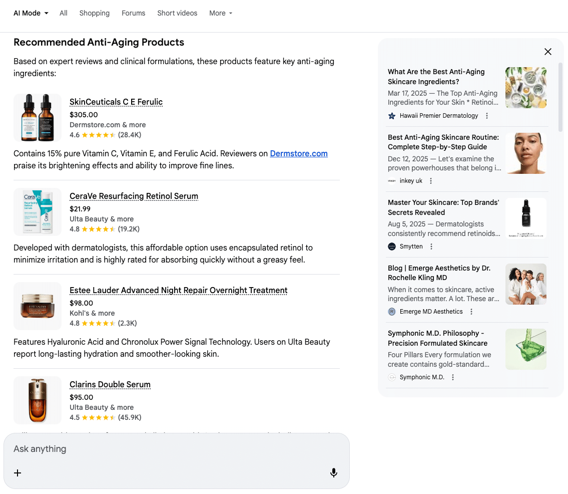 ```json
{
  "alt": "Recommended anti-aging products list with descriptions and ratings.",
  "caption": "Explore top-rated anti-aging skincare products curated for their efficacy. See expert picks to keep your skin youthful and glowing.",
  "description": "This image presents a recommended list of anti-aging skincare products with detailed descriptions, prices, and ratings from various beauty retailers. Featured items include SkinCeuticals C E Ferulic, CeraVe Resurfacing Retinol Serum, Estee Lauder Advanced Night Repair Overnight Treatment, and Clarins Double Serum. Each product is accompanied by user reviews and star ratings, providing insights into their popularity and effectiveness. Keywords: anti-aging, skincare, product recommendations, beauty reviews."
}
```
