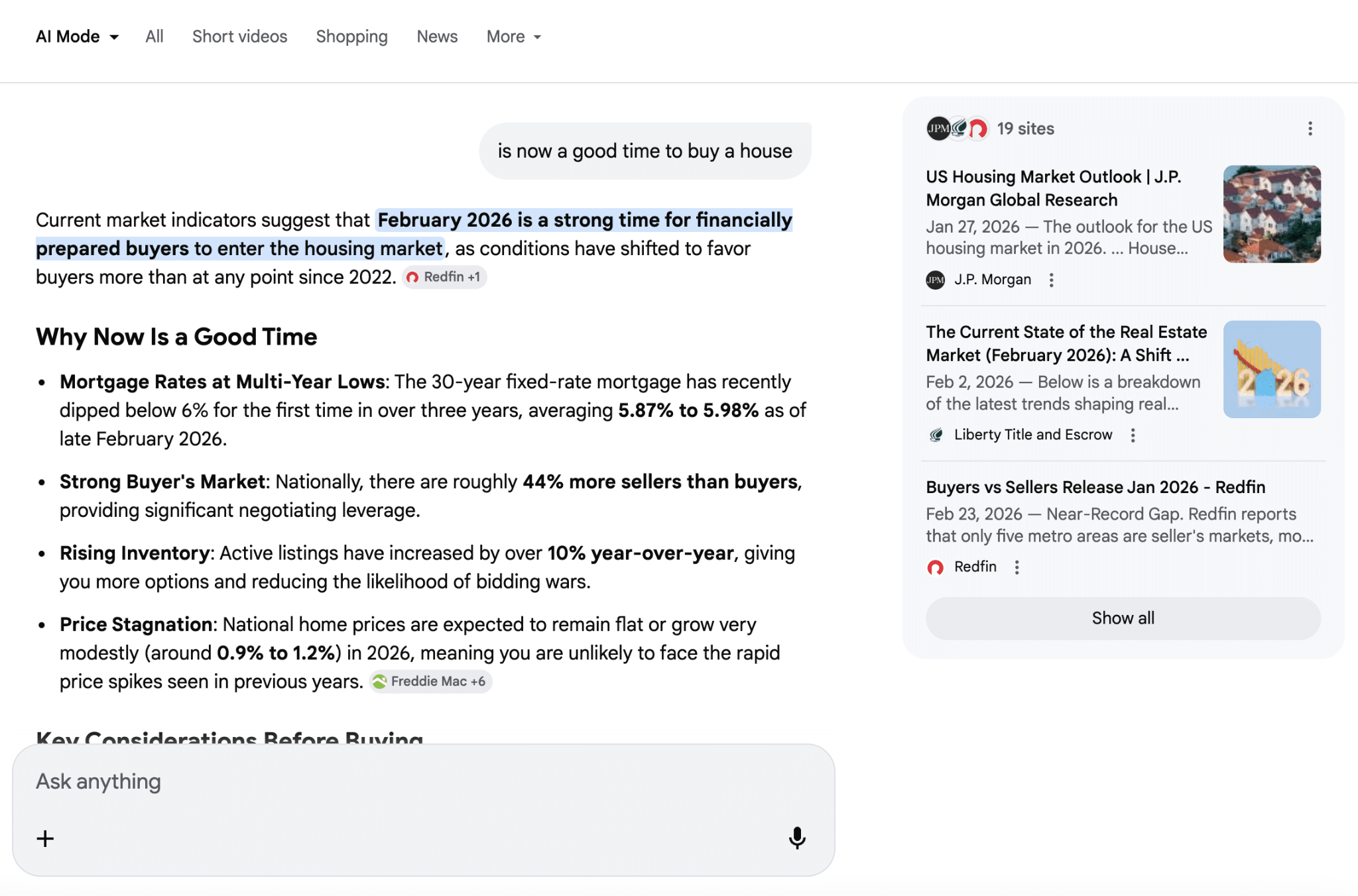 ```json
{
  "alt": "Screenshot discussing February 2026 as a favorable time for home buyers due to low mortgage rates and rising inventory.",
  "caption": "Considering buying a house? February 2026 is predicted to be ideal for buyers with low mortgage rates, a surplus of sellers, and increased inventory!",
  "description": "This image highlights a favorable housing market forecast for February 2026, emphasizing low 30-year fixed mortgage rates averaging 5.87% to 5.98%. With 44% more sellers than buyers, the market provides strong negotiating leverage. An increase in listings by over 10% year-over-year reduces bidding wars, and stable home prices (0.9% to 1.2% growth) prevent significant spikes. Relevant sources include Redfin and Freddie Mac."
}
```