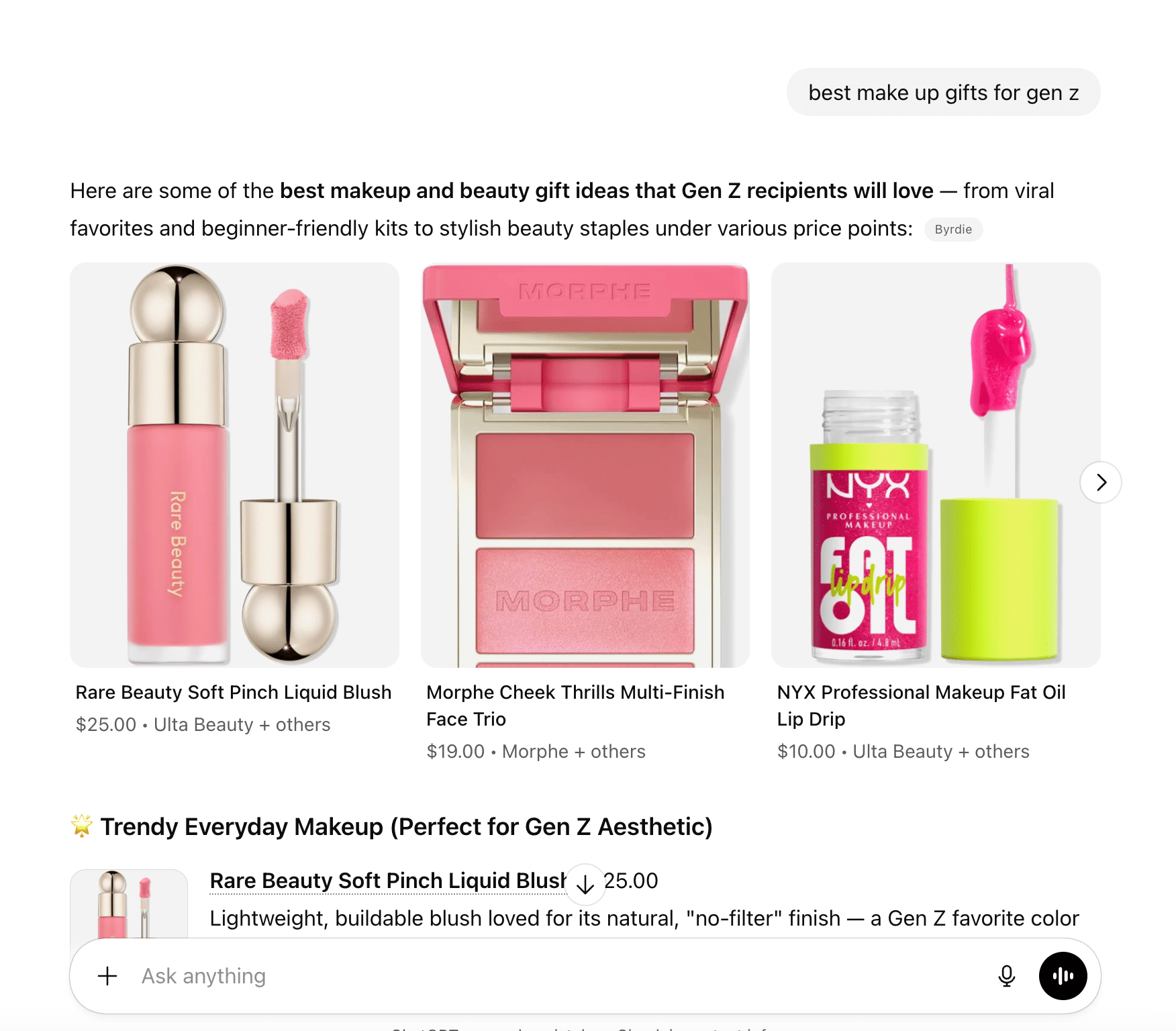 ```json
{
  "alt": "Makeup products for Gen Z, including Rare Beauty blush, Morphe face trio, and NYX lip oil.",
  "caption": "Discover trending makeup gifts perfect for Gen Z! Featuring Rare Beauty's blush, Morphe's face trio, and NYX's vibrant lip oil.",
  "description": "This image showcases top makeup and beauty gift ideas ideal for Gen Z, featuring three products: Rare Beauty Soft Pinch Liquid Blush ($25.00), Morphe Cheek Thrills Multi-Finish Face Trio ($19.00), and NYX Professional Makeup Fat Oil Lip Drip ($10.00). These products, highlighted for their trendy appeal and versatility, are available at Ulta Beauty and other retailers. The selection emphasizes lightweight, buildable, and vibrant aesthetics that appeal to modern Gen Z preferences."
}
```