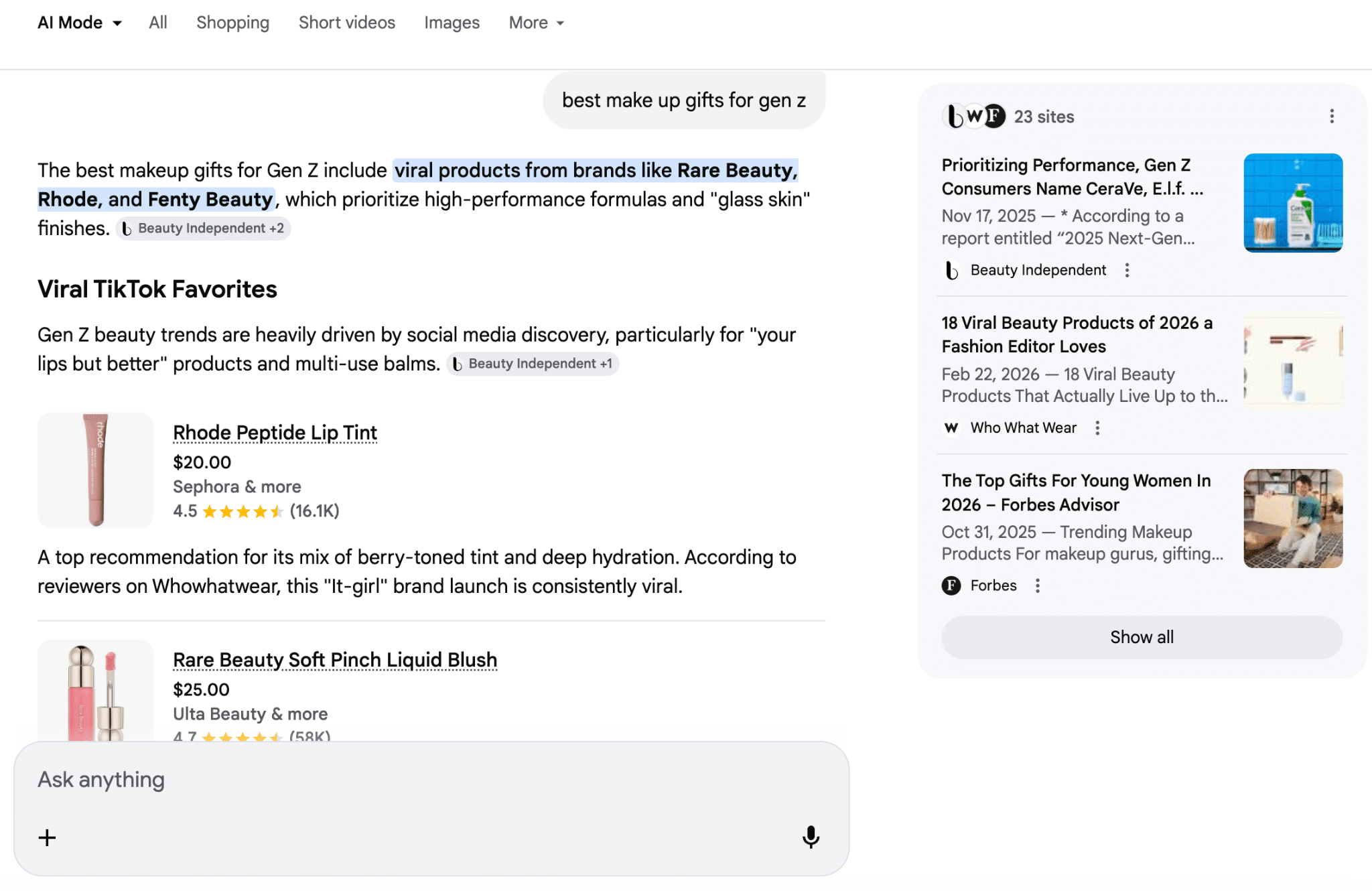 ```json
{
  "alt": "Search results for best makeup gifts for Gen Z, highlighting viral products from Rare Beauty, Rhode, and Fenty Beauty.",
  "caption": "Explore the top makeup gifts for Gen Z! Featuring viral products from Rare Beauty, Rhode, and Fenty Beauty, these selections promise high performance and trendy appeal.",
  "description": "The image displays search results for the best makeup gifts for Gen Z. It highlights popular products like the Rhode Peptide Lip Tint and Rare Beauty Soft Pinch Liquid Blush. Brands such as Rare Beauty, Rhode, and Fenty Beauty are emphasized for their appeal to Gen Z, focusing on high-performance formulas and 'glass skin' effects. The section also mentions TikTok's influence on beauty trends. Keywords: makeup gifts, Gen Z, Rare Beauty, Rhode, Fenty Beauty, TikTok trends."
}
```