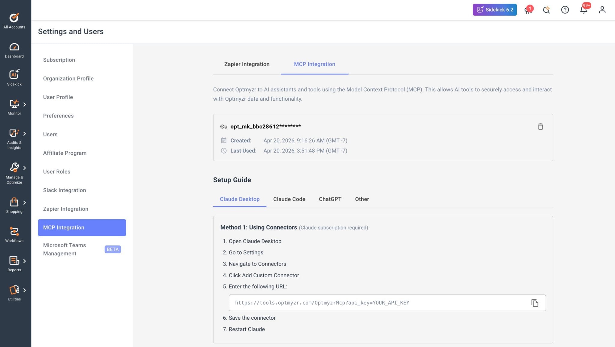 ```json
{
  "alt": "Optmyzr settings page showing MCP integration options for AI tools.",
  "caption": "Explore seamless integration with AI tools using Optmyzr's MCP setup, enhancing data access and interaction.",
  "description": "The image displays the Optmyzr platform's settings page, specifically focusing on the MCP Integration section. Users can connect Optmyzr to AI assistants through the Model Context Protocol, as shown under the 'Setup Guide' with methods for multiple platforms. The interface includes navigation tabs on the left and integration details on the main panel, offering instructions for desktop setups like Claude Desktop and ChatGPT."
}
```