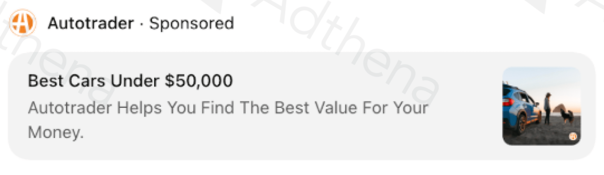 ```json
{
"alt": "Advertisement for Autotrader featuring best cars under $50,000 with image of a blue car and person with a dog on a beach.",
"caption": "Explore top picks under $50,000 with Autotrader, where value meets quality. Discover your next adventure-ready ride today!",
"description": "This sponsored advertisement by Autotrader highlights the best cars available for under $50,000. The image shows a serene scene with a blue car parked on a beach, next to a person and a dog during sunset. Autotrader aims to help consumers find cars that offer the best value for money. Keywords: Autotrader, cars, value, budget, automotive, beach scene."
}
```