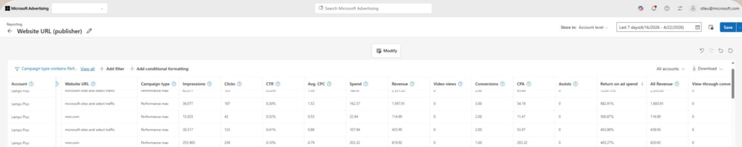 ```json
{
  "alt": "Screenshot of Microsoft Advertising dashboard showing campaign performance metrics such as impressions, clicks, and revenue.",
  "caption": "Explore your campaign performance with Microsoft Advertising's detailed analytics dashboard, offering insights into impressions, clicks, and ROI.",
  "description": "This image displays a screenshot of the Microsoft Advertising dashboard, showcasing various metrics of advertisement performance. The table includes data columns for campaign types, impressions, clicks, click-through rate (CTR), average cost per click (CPC), spend, revenue, conversions, and more. Keywords such as 'performance metrics,' 'ad spending,' and 'Microsoft Advertising analytics' enhance searchability for those interested in digital marketing insights."
}
```