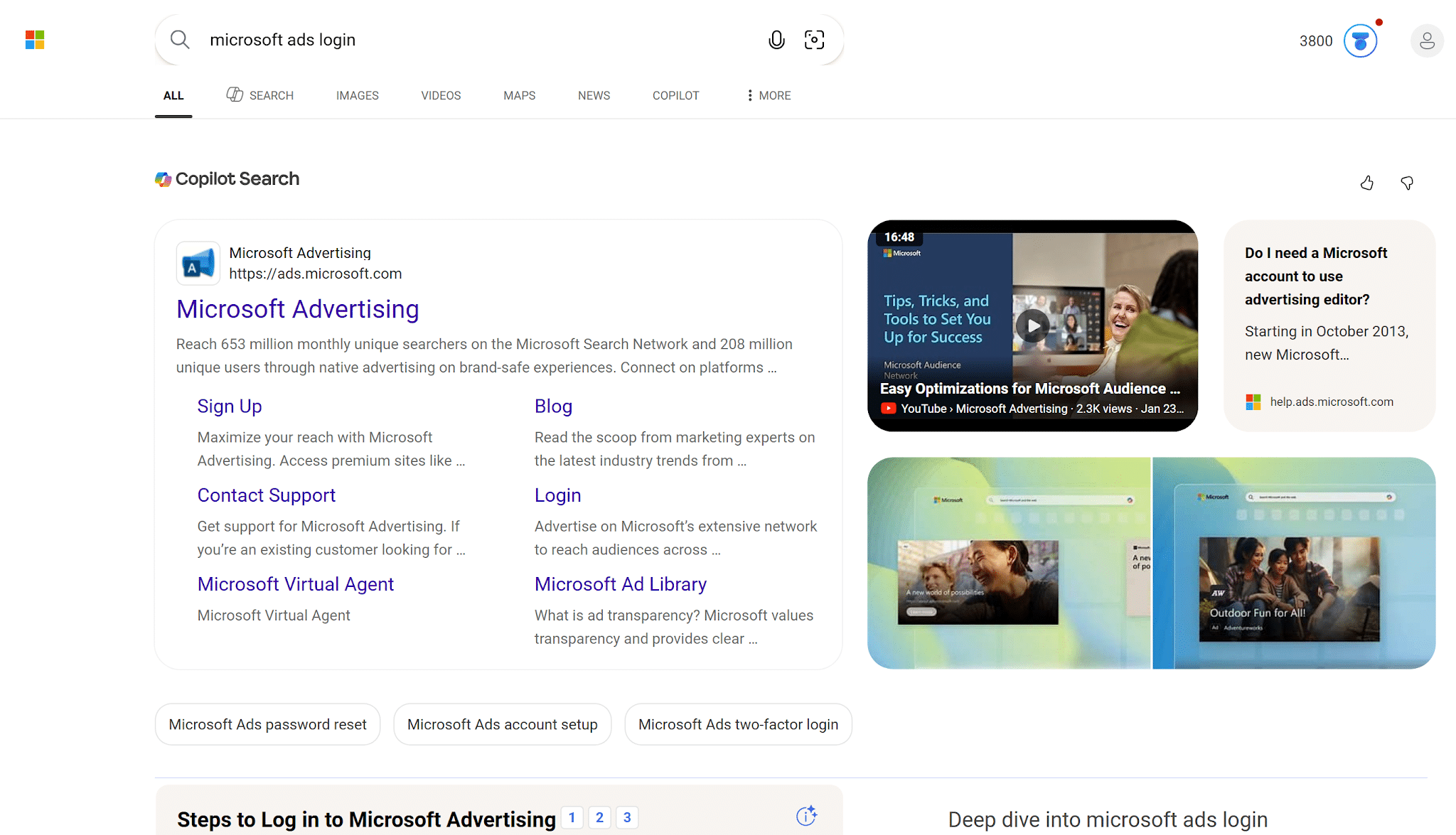 ```json
{
  "alt": "Search results page showing Microsoft Ads login and support options.",
  "caption": "Explore Microsoft Ads with a variety of login and support options to maximize your advertising potential.",
  "description": "This image displays a search results page for 'Microsoft Ads login' on Copilot Search. It includes links to sign up, contact support, and access the Microsoft Ad Library. Additionally, there are related suggestions like 'Microsoft Ads password reset' and 'two-factor login'. The page facilitates easy access to Microsoft Advertising resources and login details, helping users optimize their ad campaigns. Keywords: Microsoft Ads login, advertising, support."
}
```