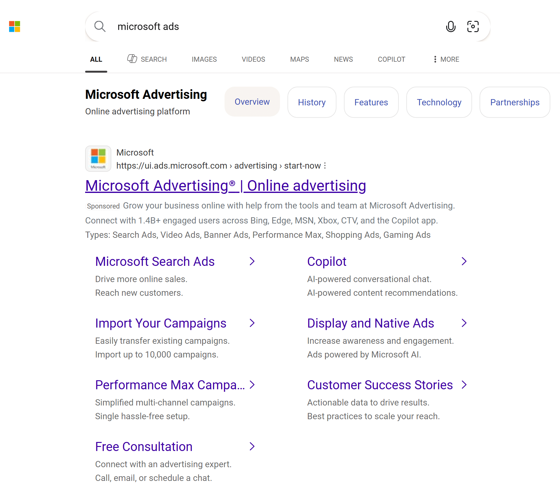 ```json
{
  "alt": "Search result for Microsoft ads, showing details about various advertising services offered by Microsoft.",
  "caption": "Explore Microsoft's advertising platform and unlock new possibilities for reaching your audience with advanced advertising tools.",
  "description": "Screenshot of a Google search result for 'Microsoft ads', highlighting Microsoft's online advertising platform. The result outlines various services including Microsoft Search Ads, Copilot AI tools, campaign import options, display and native ads, performance max campaigns, customer success stories, and free consultation. The platform connects advertisers to over 1.4 billion users across Bing, Edge, and more. This comprehensive advertising suite aims to enhance online sales, customer engagement, and campaign efficiency."
}
```