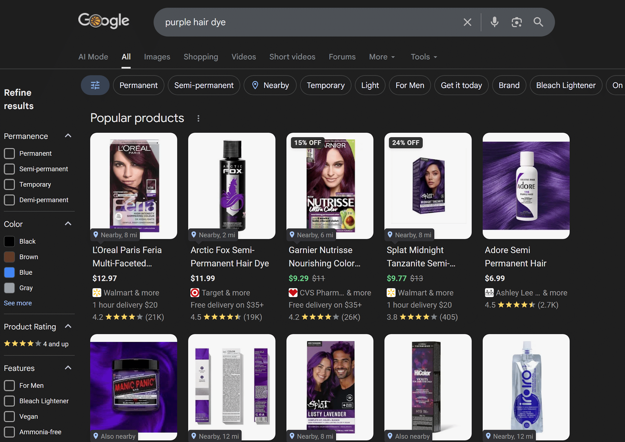 ```json
{
  "alt": "Screenshot of Google search results for purple hair dye displaying various products with options to refine by permanence and color.",
  "caption": "Discover the perfect shade of purple with this diverse selection of hair dyes—ranging from semi-permanent to permanent options, all searchable on Google.",
  "description": "This image is a screenshot of Google search results for 'purple hair dye', showcasing popular products such as L'Oreal Paris Feria, Arctic Fox, Garnier Nutrisse, and more. The interface includes filter options for refining results based on permanence, color, and features. Each product displays ratings, prices, and availability nearby, providing users with a comprehensive browsing experience for choosing the ideal hair color product."
}
```