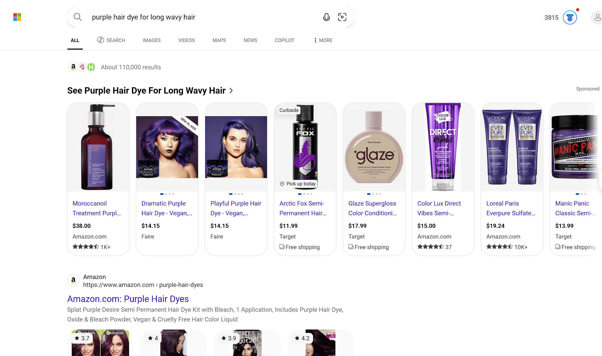 ```json
{
  "alt": "Search results for purple hair dye for long wavy hair with product listings.",
  "caption": "Explore the vibrant world of purple hair dye with top products for achieving stunning long, wavy hair transformations.",
  "description": "The image displays a Google search results page for 'purple hair dye for long wavy hair.' It features sponsored product listings including brands like Moroccanoil, Arctic Fox, and Manic Panic, priced between $11.99 and $38.00. These listings highlight various options for achieving vibrant purple hues, suitable for long, wavy hair styles. Keywords: purple hair dye, long wavy hair, Moroccanoil, Arctic Fox, Manic Panic."
}
```