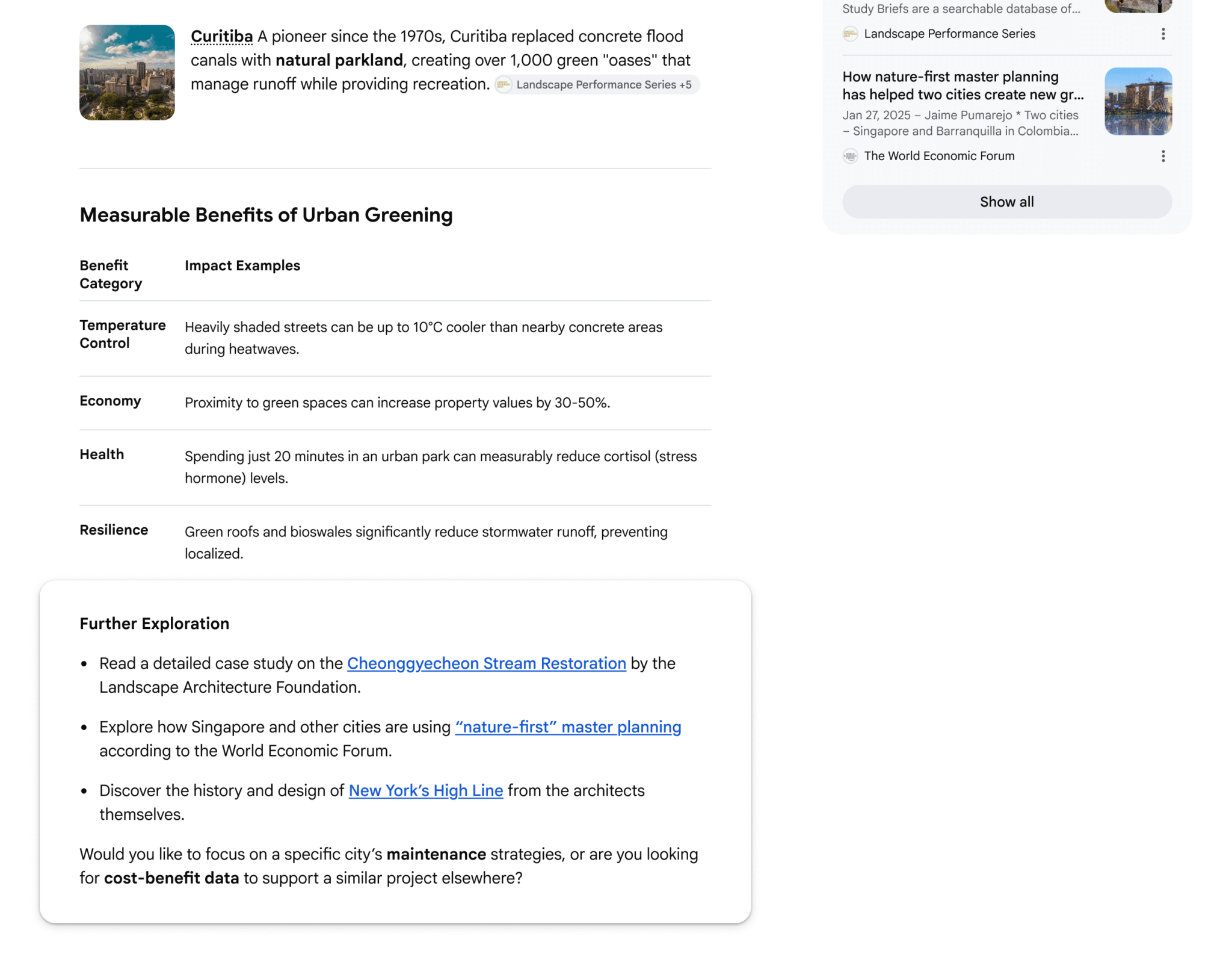 ```json
{
"alt": "Document discussing the benefits of urban greening with a focus on Curitiba and nature-first planning.",
"caption": "Discover how urban greening strategies in Curitiba revolutionize city living, offering cooling, economic, health, and resilience benefits.",
"description": "This image highlights a document on urban greening benefits, titled 'Measurable Benefits of Urban Greening'. Curitiba's transformation to include over 1,000 green oases is discussed, showing the positive impact on temperature control, economy, health, and resilience. Key benefits include reduced heat, increased property values, health improvements, and decreased stormwater runoff. Additionally, it encourages exploring successful nature-first urban projects in global cities like Singapore and New York through recommended readings."
}
```