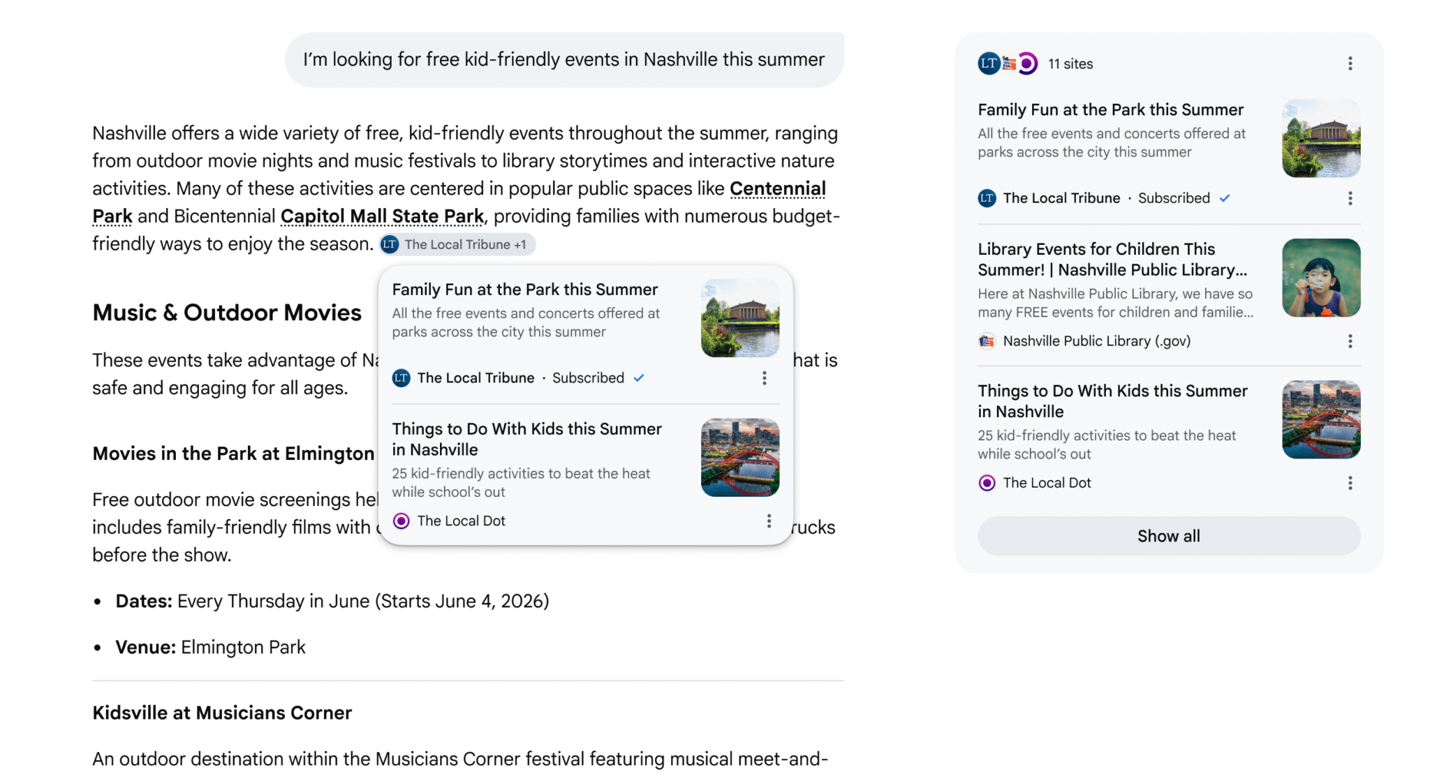 ```json
{
"alt": "Search results listing kid-friendly events in Nashville with descriptions and images.",
"caption": "Discover a summer of fun in Nashville with activities ranging from outdoor concerts to library storytimes, perfect for families seeking budget-friendly adventures.",
"description": "The image displays search results for free kid-friendly events in Nashville, showcasing a variety of activities like park concerts, library events, and more. It mentions locations such as Centennial Park and Bicentennial Capitol Mall State Park, emphasizing family-friendly entertainment. Results include detailed event descriptions and small preview images to engage users looking for summer plans for kids in Nashville."
}
```