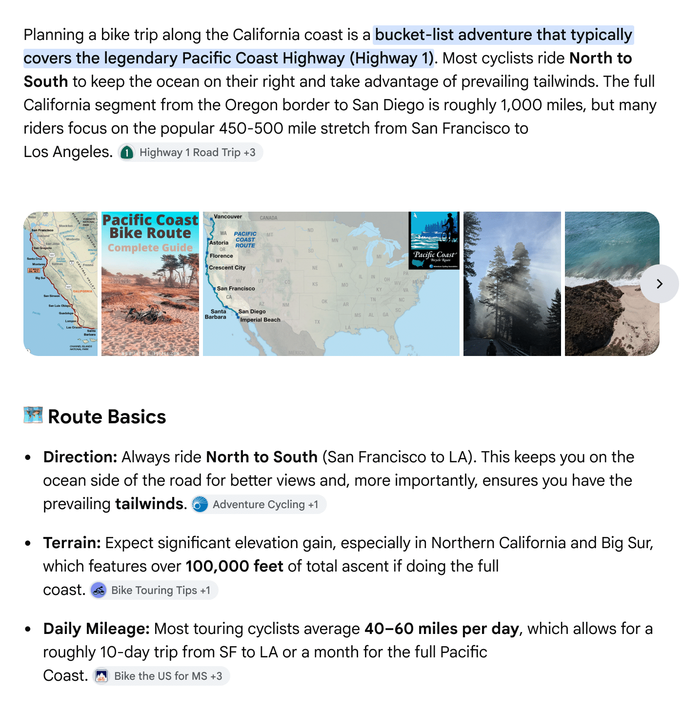 ```json
{
"alt": "Infographic on planning a bike trip along California's Pacific Coast Highway.",
"caption": "Embark on a stunning journey along California's iconic Highway 1, a cyclist's paradise offering breathtaking coastal views and adventurous terrain.",
"description": "This infographic outlines a cycling trip along California's Pacific Coast Highway, detailing the route from San Francisco to Los Angeles. It highlights route basics such as direction, terrain, and daily mileage, emphasizing riding north to south for scenic ocean views and favorable tailwinds. Often characterized by significant elevation gains, particularly in Northern California and Big Sur, the journey requires an average of 40 to 60 miles of cycling per day. Keywords: bike trip, California coast, Pacific Coast Highway, cycling route."
}
```
