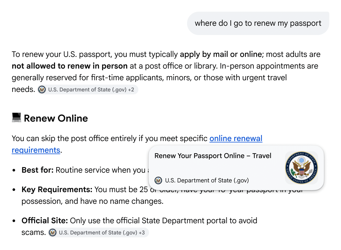 ```json
{
"alt": "Instructions on renewing a U.S. passport online or by mail from the U.S. Department of State.",
"caption": "Discover how to renew your U.S. passport easily by mail or online, as highlighted by the U.S. Department of State guidance.",
"description": "This image displays a guide on renewing a U.S. passport, emphasizing that applications are typically by mail or online and in-person renewals are restricted. It highlights the benefits of online renewal and lists the State Department's official instructions. Key details include eligibility for online renewal and the importance of using the official portal to avoid scams."
}
```