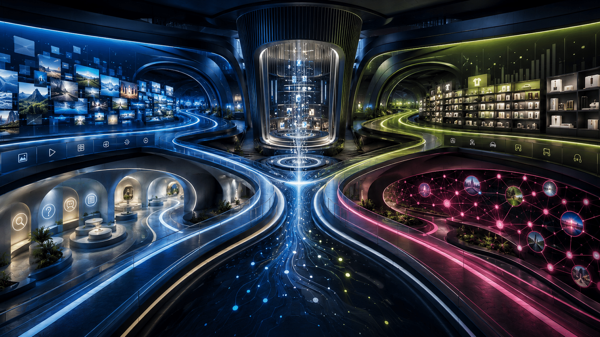 ```json
{
  "alt": "A futuristic control center with three glowing pathways leading to digital displays and data visuals.",
  "caption": "Step into the future with this dazzling digital hub, where glowing paths guide you through a world of data and possibility.",
  "description": "This image showcases a futuristic control center featuring three brightly lit pathways leading into expansive digital displays. The blue, green, and pink pathways symbolize different data streams, with walls adorned with images and holographic visuals. Central to the scene is a cylindrical structure emitting glowing particles, hinting at advanced technology and data flow. Ideal for technology, digital transformation, and innovation themes."
}
```