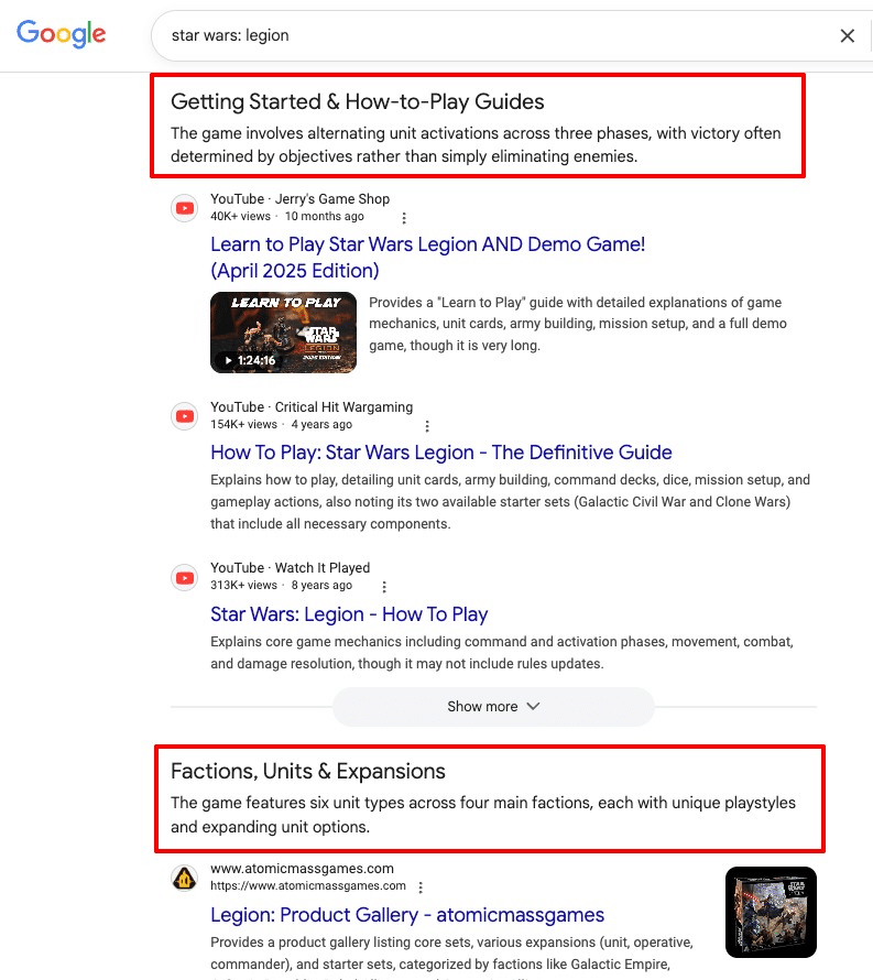 ```json
{
  "alt": "Google search results for 'Star Wars: Legion' highlighting guides and expansions.",
  "caption": "Explore the universe of Star Wars: Legion with insightful guides and expansion details, perfect for both newcomers and seasoned players.",
  "description": "The image shows Google search results for 'Star Wars: Legion,' highlighting sections on guides and expansions. It features articles and YouTube videos on how-to-play guides and details about game factions and unit expansions. The results suggest resources for understanding game mechanics, unit activations, and available expansions, offering a comprehensive view for players interested in exploring this tabletop game further. Keywords: Star Wars: Legion, guides, expansions, gameplay."
}
```