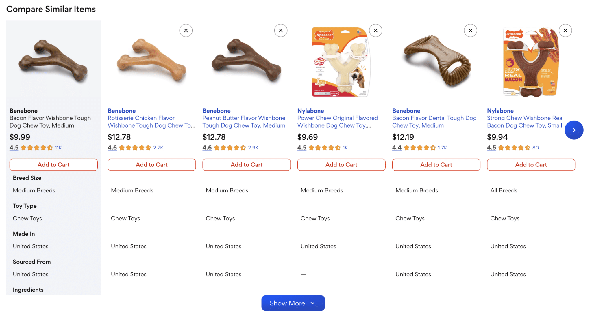 ```json
{
  "alt": "Comparison chart of dog chew toys featuring Benebone and Nylabone products with prices and reviews.",
  "caption": "Discover the perfect durable chew toy for your canine companion with these top-rated options from Benebone and Nylabone, designed for medium and small breeds.",
  "description": "This image displays a comparison of various dog chew toys from Benebone and Nylabone. Products include flavors like bacon and peanut butter, designed for medium and small breeds. Prices range from $9.69 to $12.78, with customer ratings visible. Each product is marked 'Made in United States' and offers a handy 'Add to Cart' option. Ideal for those seeking durable and flavorful chew toys for dogs."
}
```