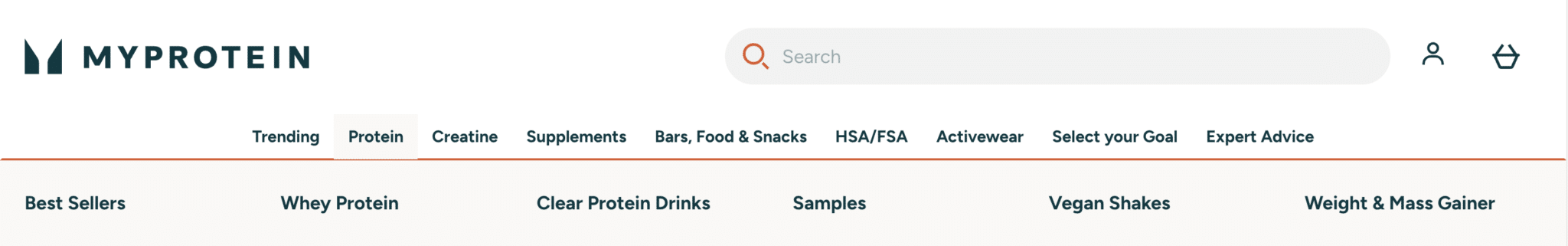 ```json
{
  "alt": "Navigation bar of MyProtein website showcasing categories like Protein and Supplements.",
  "caption": "Explore the diverse range of categories on MyProtein's navigation bar, from trending items to sports nutrition staples.",
  "description": "This image displays the navigation bar from the MyProtein website. Featured categories include Trending, Protein, Creatine, Supplements, Bars, Food & Snacks, and more. The search bar is prominently placed. The image is vital for understanding how users can access different sections of the site quickly. Keywords: MyProtein, navigation, protein, supplements, e-commerce."
}
```