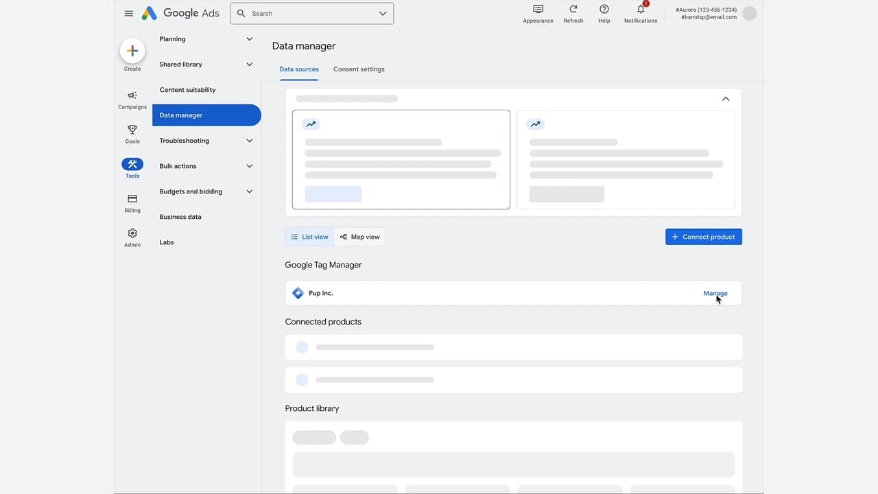 ```json
{
  "alt": "Google Ads data manager interface with options for data sources and tags.",
  "caption": "Explore the comprehensive Google Ads data manager, where you can oversee data sources and manage connected products effortlessly.",
  "description": "The image shows the Google Ads data manager interface, featuring menu options like Planning, Campaigns, and Tools. The main section highlights data sources and Google Tag Manager, allowing users to manage products efficiently. The interface provides a user-friendly environment for organizing ad-related data, with options for viewing in list or map formats. Ideal for marketers and analysts to streamline their advertising processes."
}
```