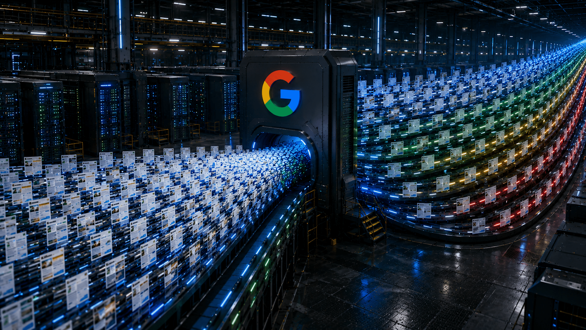 Futuristic data center with glowing servers and a Google logo, illustrating data processing.