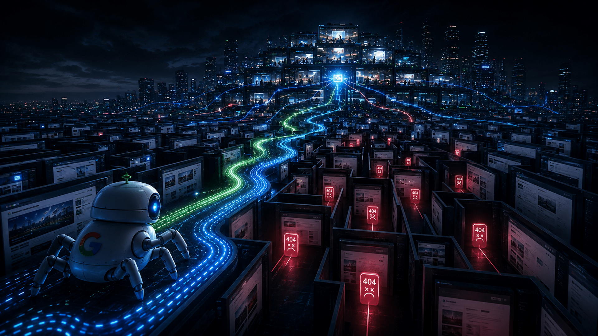 ```json
{
  "alt": "A robot spider navigating through a digital labyrinth of web pages with cityscape in the background.",
  "caption": "A futuristic robot spider explores a maze of web pages, each marked with 404 errors, against a vibrant city skyline, symbolizing the journey through the internet's depths.",
  "description": "The image features a robot spider traversing a digital maze of web pages, illuminated by colorful data streams, while red 404 error signs mark obstacles. The background showcases a high-tech cityscape, reflecting the complexity of internet navigation. This visually striking composition symbolizes the challenges and dynamics of digital information retrieval, making it ideal for tech-themed content."
}
```