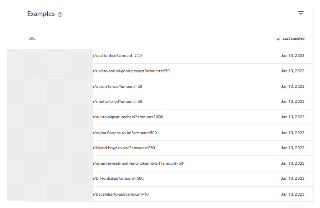 ```json
{
  "alt": "Table showing various URLs with conversion amounts and dates.",
  "caption": "A glance at URL conversion data and corresponding dates, tracking various amounts and currencies.",
  "description": "This image shows a table with a list of URLs showcasing conversion paths paired with specific amounts. The rightmost column displays the dates 'Jan 13, 2023' for each entry, indicating the last crawled date. The table includes diverse currency conversions and accompanying amounts, such as 'usd-to-thor' among others. Useful for analyzing currency conversion trends, this data is valuable for digital marketing insights."
}
```