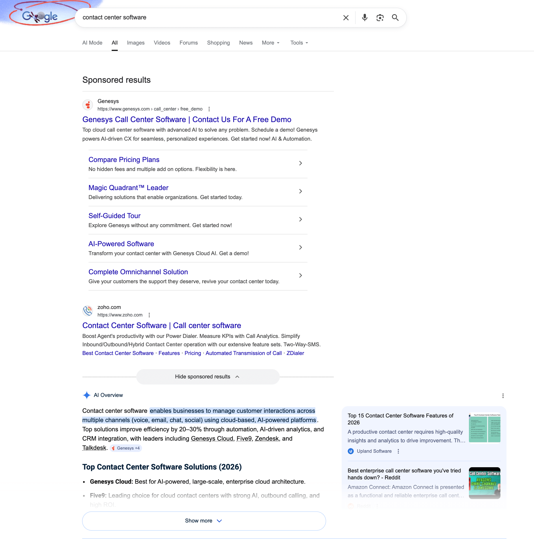 ```json
{
"alt": "Google search results page for contact center software, showing sponsored listings for Genesys and Zoho.",
"caption": "Exploring contact center software options? This Google search results page highlights sponsored listings from Genesys and Zoho, offering AI-powered solutions.",
"description": "This image shows a Google search results page for 'contact center software'. Two prominent sponsored listings from Genesys and Zoho are displayed. Genesys offers AI-driven solutions for seamless, personalized contact center experiences, while Zoho promotes call analytics and multi-channel interaction management. The page provides further insights into contact center solutions with links and detailed descriptions. Keywords: contact center software, Genesys, Zoho, AI-powered, solutions."
}
```