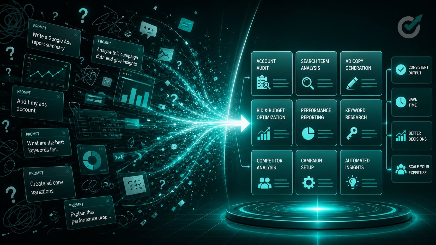 ```json
{
  "alt": "Digital marketing prompts flow into organized analysis and optimization tasks, illustrating automated insights.",
  "caption": "Unlock the power of automation in digital marketing with streamlined analytics and optimization tools.",
  "description": "The image illustrates the transformation of digital marketing prompts into structured tasks such as account auditing, keyword research, and ad copy generation. On the left, diverse prompts flow into a digital interface, leading to organized solutions on the right. The setup highlights benefits like consistent output, time-saving, and better decisions, emphasizing the role of automated insights in optimizing digital marketing strategies. Keywords: digital marketing, automation, analytics, optimization."
}
```