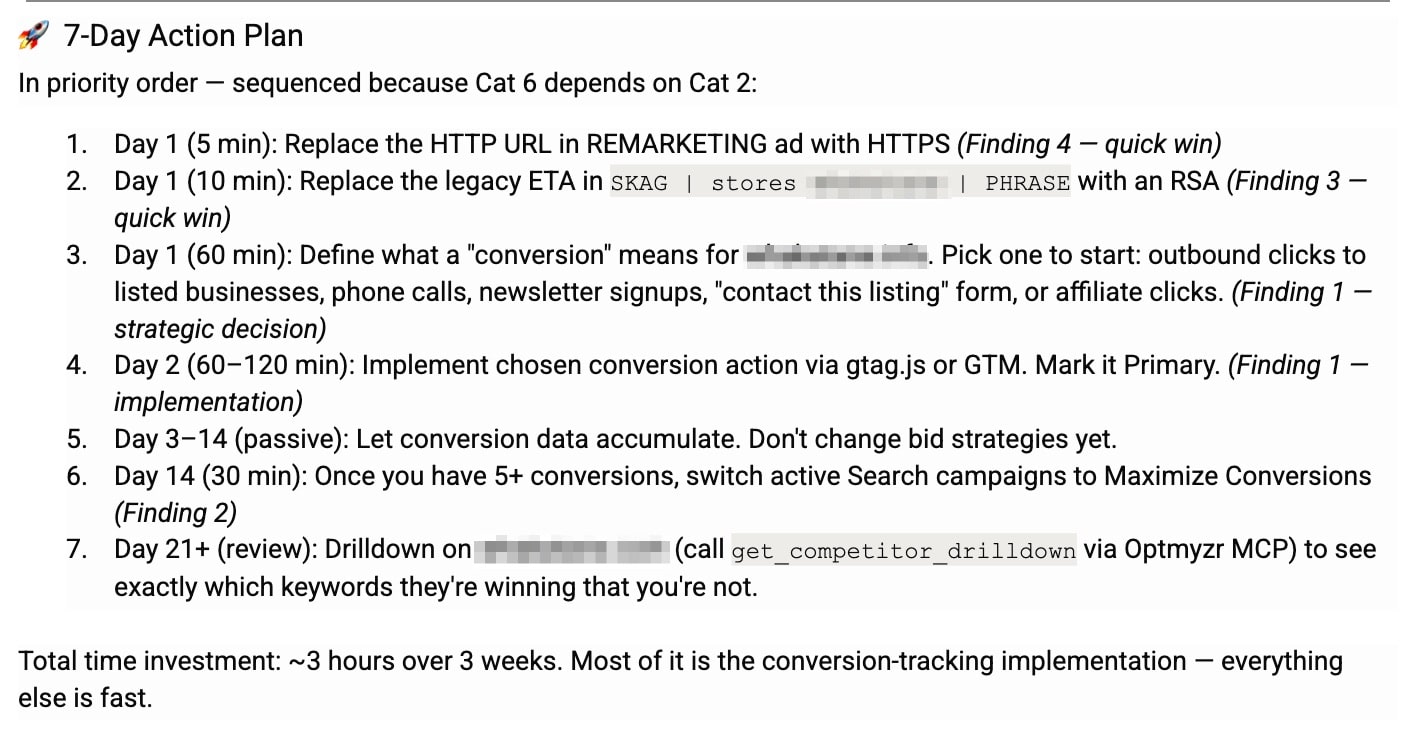 ```json
{
  "alt": "7-day action plan outlining steps for digital marketing improvements.",
  "caption": "Streamline your digital marketing with this detailed 7-day action plan focusing on conversions and ad optimization.",
  "description": "This image displays a 7-day action plan designed for marketing enhancement involving HTTP to HTTPS updates, defining conversions, and using gtag.js or GTM for implementation. The plan includes steps spanning two weeks, emphasizing conversion data accumulation and maximizing conversions in search campaigns. Key tasks are spread over various days, requiring minimal initial time investment."
}
```