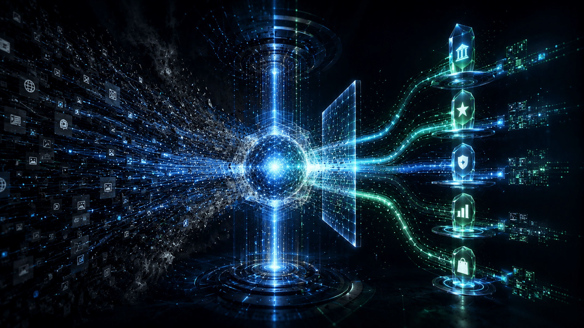```json
{
  "alt": "Futuristic digital network visualization with glowing data streams and symbols on dark background.",
  "caption": "Dive into the digital realm with this futuristic network visualization, showcasing dynamic data streams and glowing symbols of technology.",
  "description": "The image presents a digital network visualization with a central glowing sphere emitting data streams. On the right, glossy symbols representing finance, security, and communication emerge, all connected by luminous pathways. This artwork highlights the intersection of technology, data flow, and connectivity in a futuristic theme, with vibrant blues and greens against a dark background, illustrating advanced digital networks."
}
```